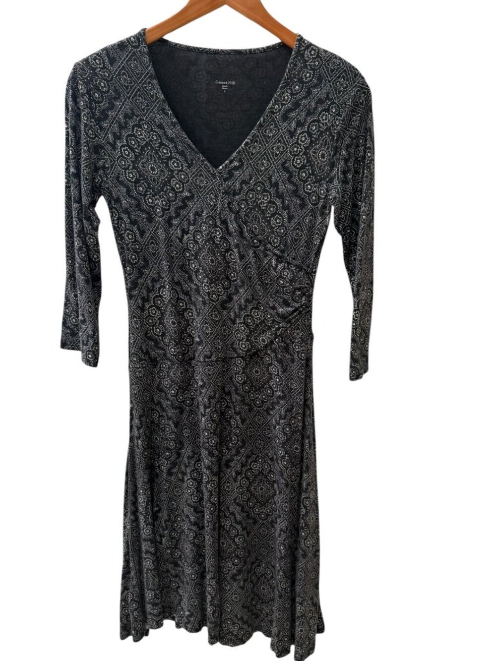 Garnet Hill Brianna Surplice Black White Printed Faux Wrap Dress, Size Small
